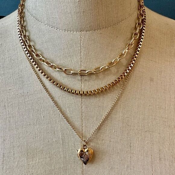 Gold tone triple chain heart locket pendant necklace - Picture 1 of 9